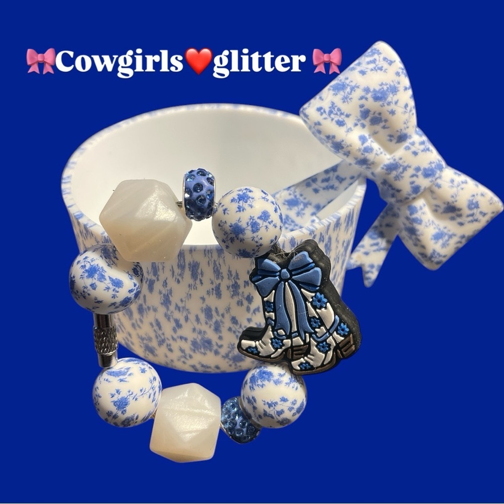 Stanley cup bracelet, boot and straw bow blue white floral